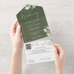 Olive Green QR Code Gold Arch Greenery Wedding All In One Invitation