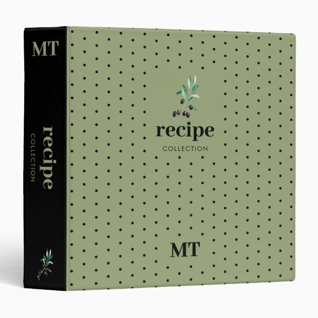 Olive Green Recipe Cookbook Minimalist Monogram   Binder (Front/Spine)
