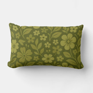 Olive Green Retro Floral Lumbar Throw Pillow