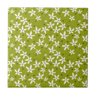 Olive Green Retro Floral Pattern Tile