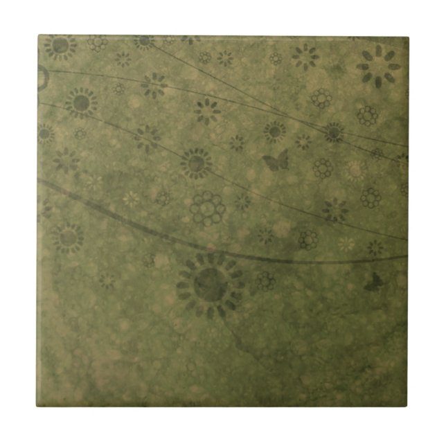Olive Green Retro Flowers and Butterflies Abstract Tile (Front)