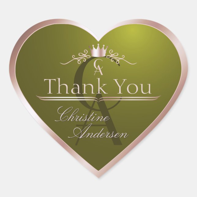 Olive Green Rose Gold Frame and Monogram Thank You Heart Sticker (Front)