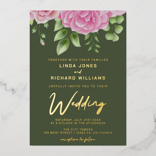 Olive Green Roses Wedding Foil Invitation (Front)