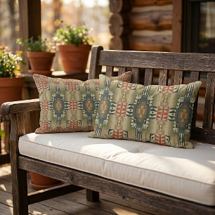 Olive Green Rust Orange Taupe Beige Tribal Art Lumbar Pillow