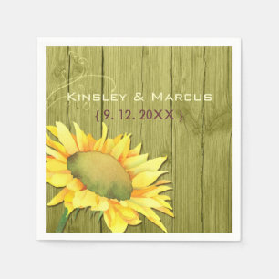 Olive Green Rustic Wood Sunflower Wedding Napkin