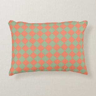 Olive Green Salmon Pink Chequered Diamond Pattern Accent Pillow