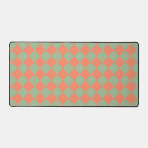Olive Green Salmon Pink Chequered Diamond Pattern Desk Mat
