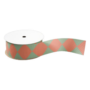 Olive Green Salmon Pink Chequered Diamond Pattern Grosgrain Ribbon