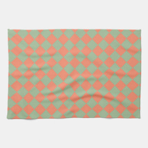 Olive Green Salmon Pink Chequered Diamond Pattern Kitchen Towel