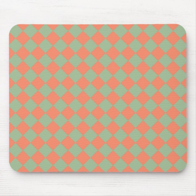 Olive Green Salmon Pink Chequered Diamond Pattern Mouse Pad (Front)