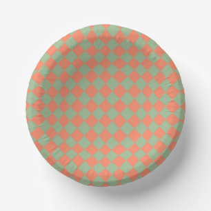 Olive Green Salmon Pink Chequered Diamond Pattern Paper Plate