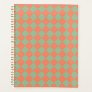 Olive Green Salmon Pink Chequered Diamond Pattern Planner
