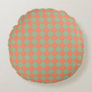 Olive Green Salmon Pink Chequered Diamond Pattern Round Pillow
