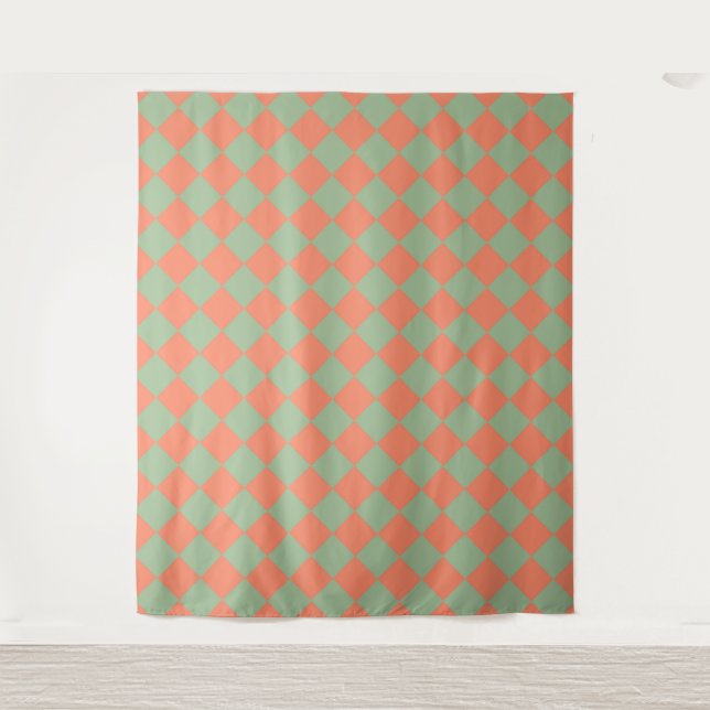 Olive Green Salmon Pink Chequered Diamond Pattern Tapestry (Front)