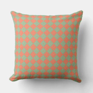 Olive Green Salmon Pink Chequered Diamond Pattern Throw Pillow