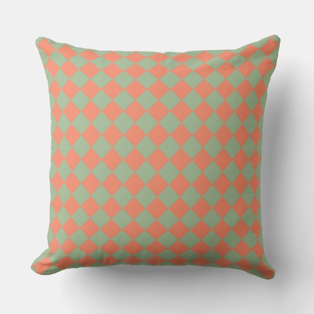 Olive Green Salmon Pink Chequered Diamond Pattern Throw Pillow (Front)