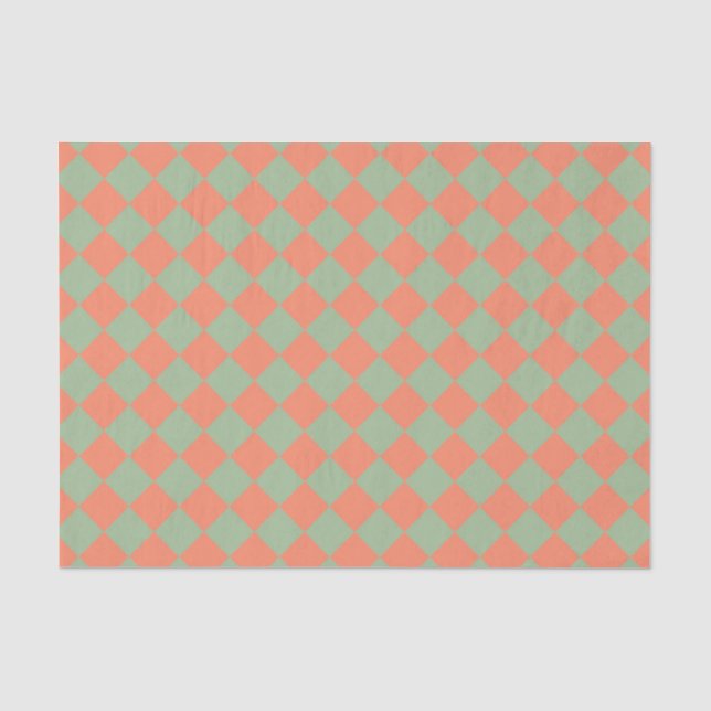 Olive Green Salmon Pink Chequered Diamond Pattern Tissue Paper (Front)