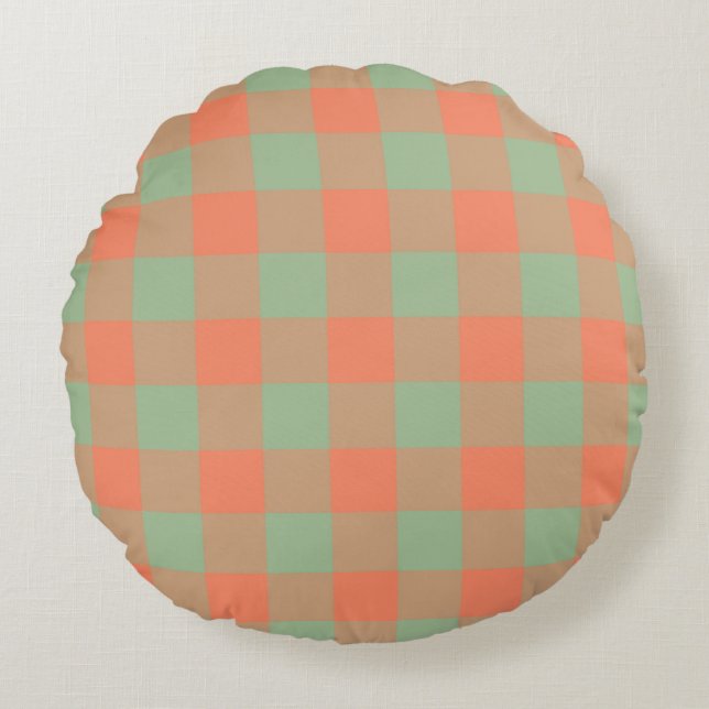 Olive Green Salmon Pink Plaid Chequered Pattern Round Pillow (Front)