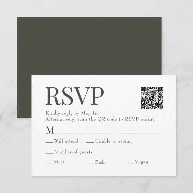 Olive Green Scan Qr Code Meal Choice Wedding RSVP Card (Front/Back)