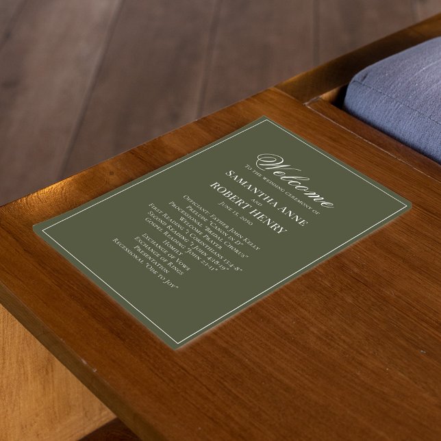 Olive Green Script Programme de mariage personnali (Elegant olive green wedding ceremony program.)