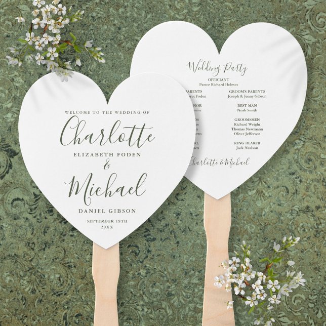 Olive Green Script Wedding Ceremony Heart Hand Fan (Olive Green Script Wedding Ceremony Heart Hand Fan)