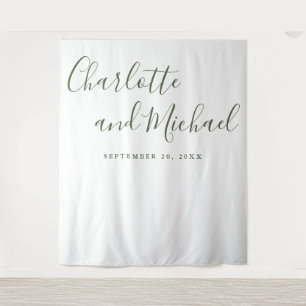 Olive Green Script Wedding Photo Booth Backdrop Tapestry