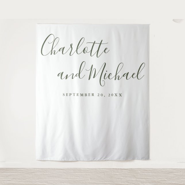 Olive Green Script Wedding Photo Booth Backdrop Tapestry (Front)