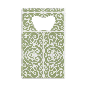 Olive green scrollwork pattern credit card bottle opener