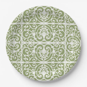 Olive green scrollwork pattern paper plate
