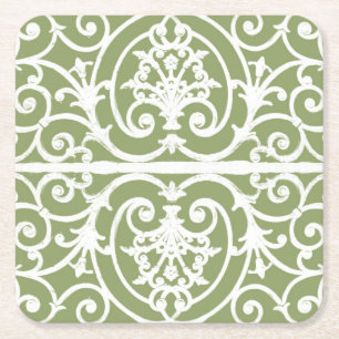 Olive green scrollwork pattern square paper coaster