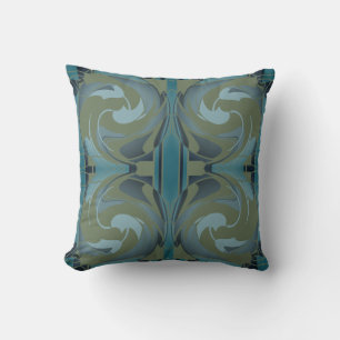 Olive Green Seafoam Grey Floral Symmetrical Design Throw Pillow