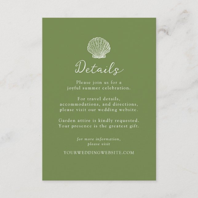 Olive Green Seashell Wedding Details Card (Front)