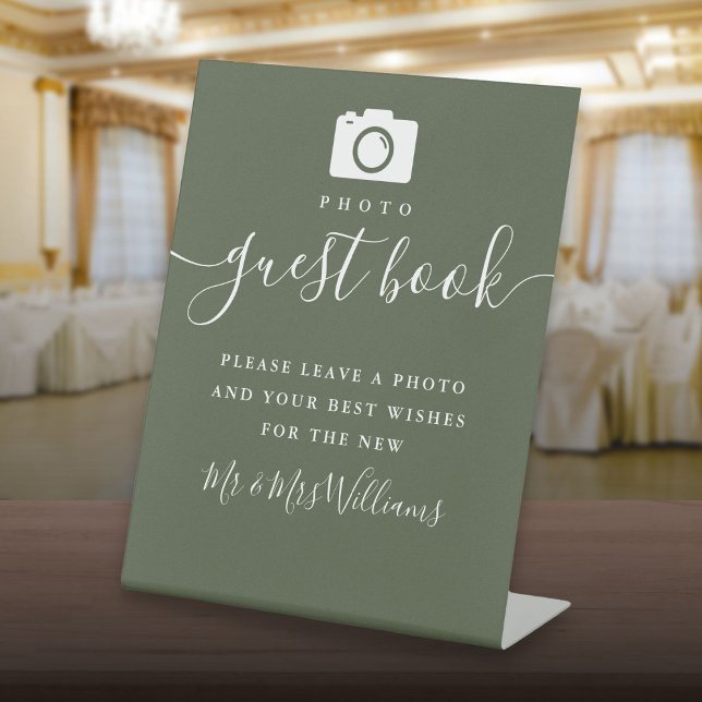 Olive Green Signature Script Photo Guest Book Pedestal Sign (Olive Green Signature Script Photo Guest Book Pedestal Sign)