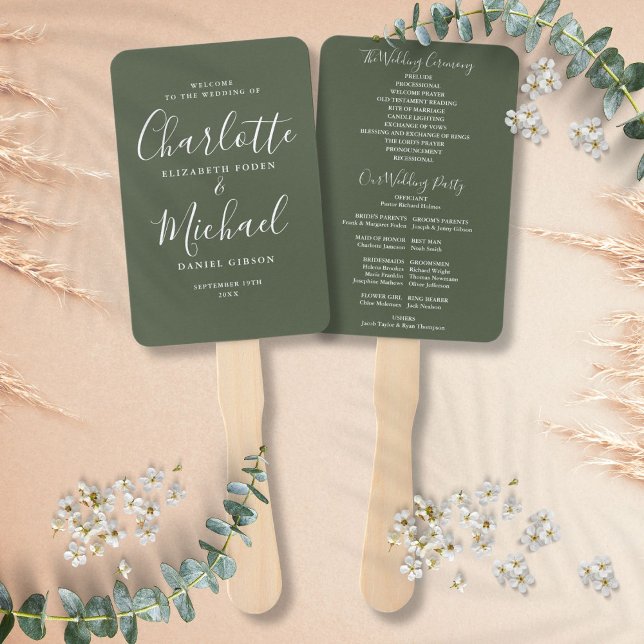 Olive Green Signature Script Wedding Program Hand Fan (Olive Green Signature Script Wedding Program Hand Fan)
