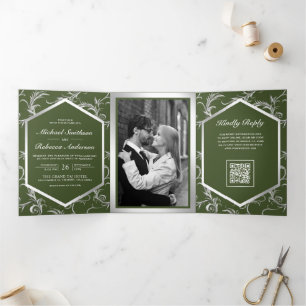 Olive Green Silver Flourish QR Code Wedding Tri-Fold Invitation