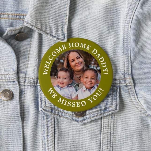 Olive Green Simple Message Arched Text and Photo 4 Inch Round Button (In Situ)