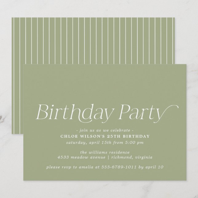 Olive Green | Simple Minimal Any Age Birthday  Invitation (Front/Back)