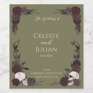Olive Green Skulls & Roses Gothic Wedding Wine Label