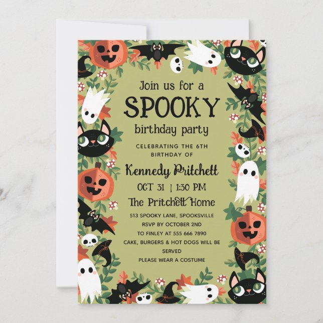 Olive Green Spooky Halloween Kids Birthday Party Invitation (Front)