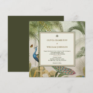 Olive Green Square Tropical Peacock Palm Wedding Invitation