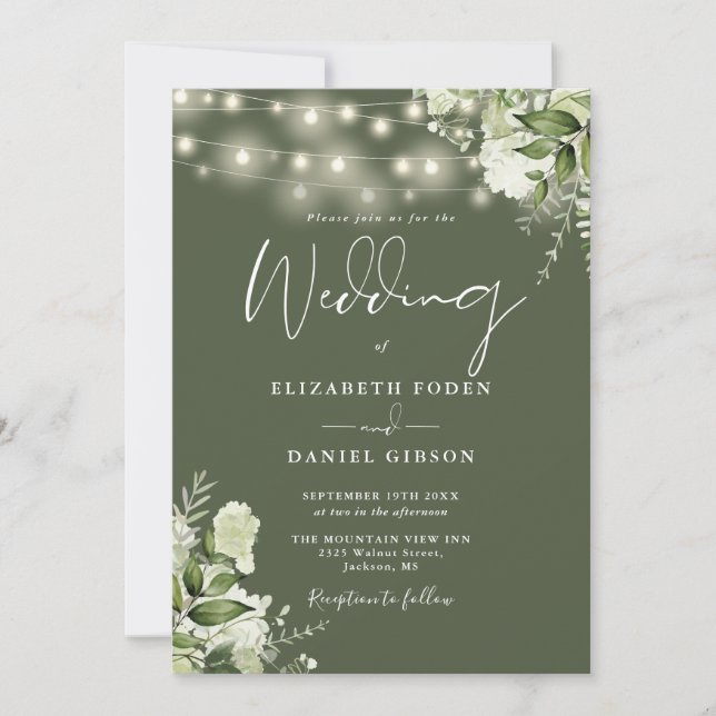 Olive Green String Lights Floral Monogram Wedding Invitation (Front)