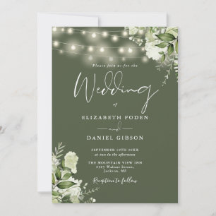 Olive Green String Lights Floral Monogram Wedding Invitation