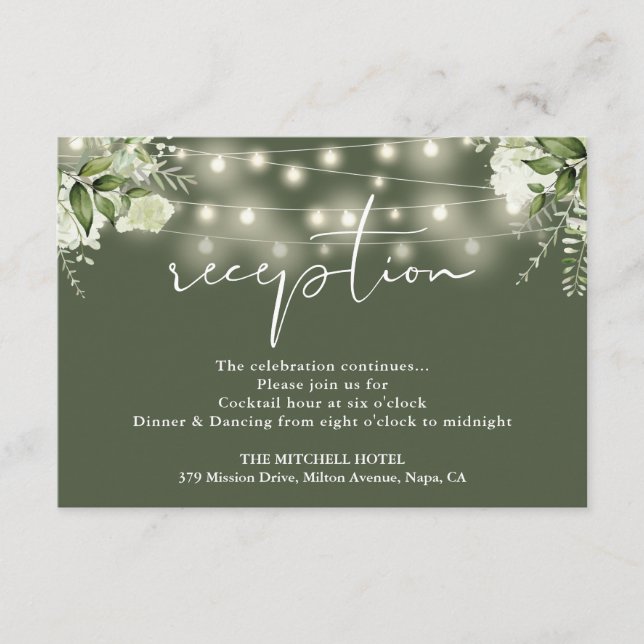 Olive Green String Lights Floral Wedding Reception Enclosure Card (Front)