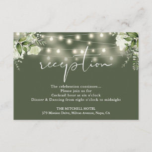 Olive Green String Lights Floral Wedding Reception Enclosure Card