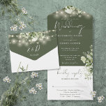 Olive Green String Lights Greenery Floral Wedding All In One Invitation<br><div class="desc">All in one olive green wedding invitation featuring pretty string lights,  floral greenery and elegant typography. The invitation includes a perforated RSVP card that can be individually addressed or left blank for you to handwrite your guest's address details. Designed by Thisisnotme©</div>