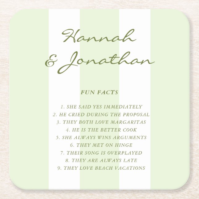 Olive Green Stripe FUN FACTS Wedding Square Paper Coaster (Front)