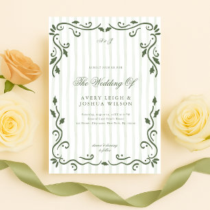 Olive Green Striped Classic Elegant Wedding Invitation