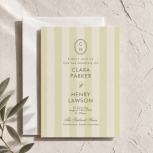 Olive Green Striped Monogram Wedding Invitation