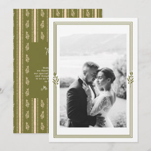 Olive Green Striped Photo Wedding Thank You Card