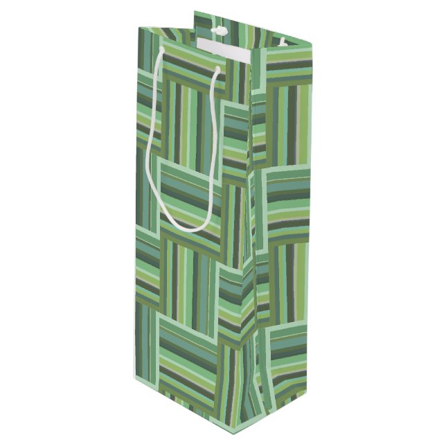 Olive green stripes weave pattern wine gift bag (Front Angled)